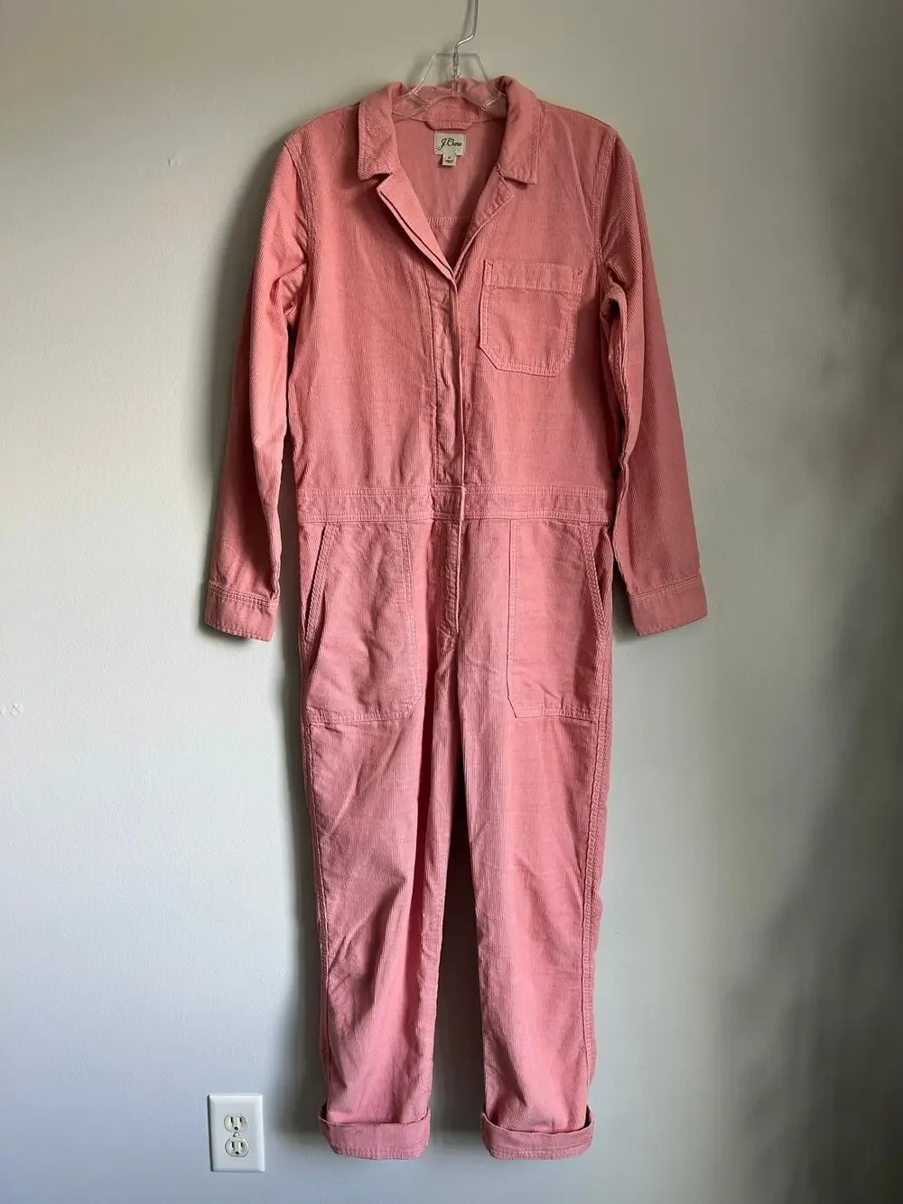 J Crew Pink Corduroy Cotton Button Down Long Sleeve Coveralls Jumpsuit Size 4